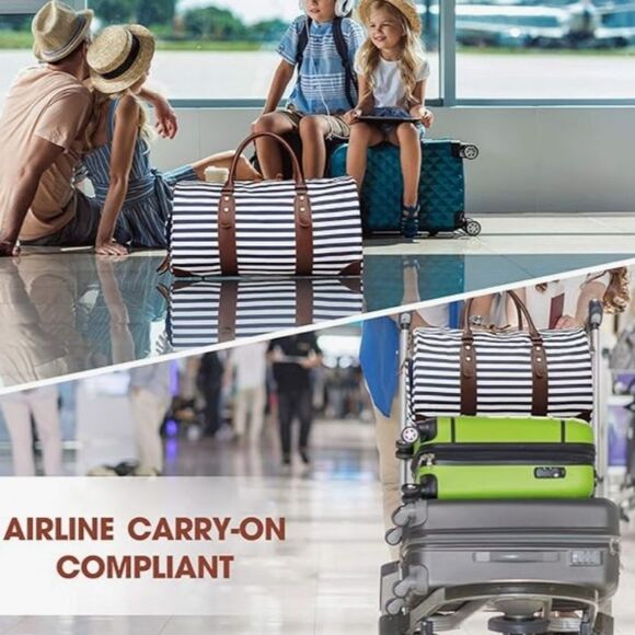 Striped Blue and White Travel Bag with Brown Accents - Picture 7 of 7